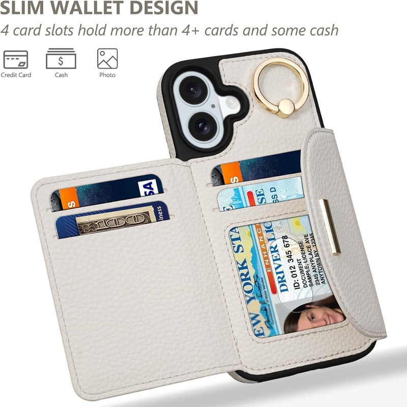Keallce Wallet Case for iPhone 16 Plus 6.7'', Flip Case with Card Slots, Ring Holder Kickstand, PU Leather Protective Folio Cover for Women, Beige - Image 2
